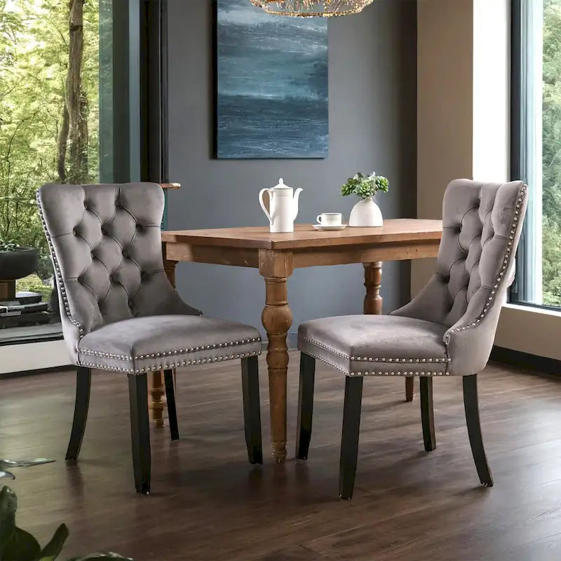 Modern, High-end Tufted Solid Wood Contemporary Velvet Upholstered Dining Chair with Wood Legs Nailhead Trim 2-Pcs Set