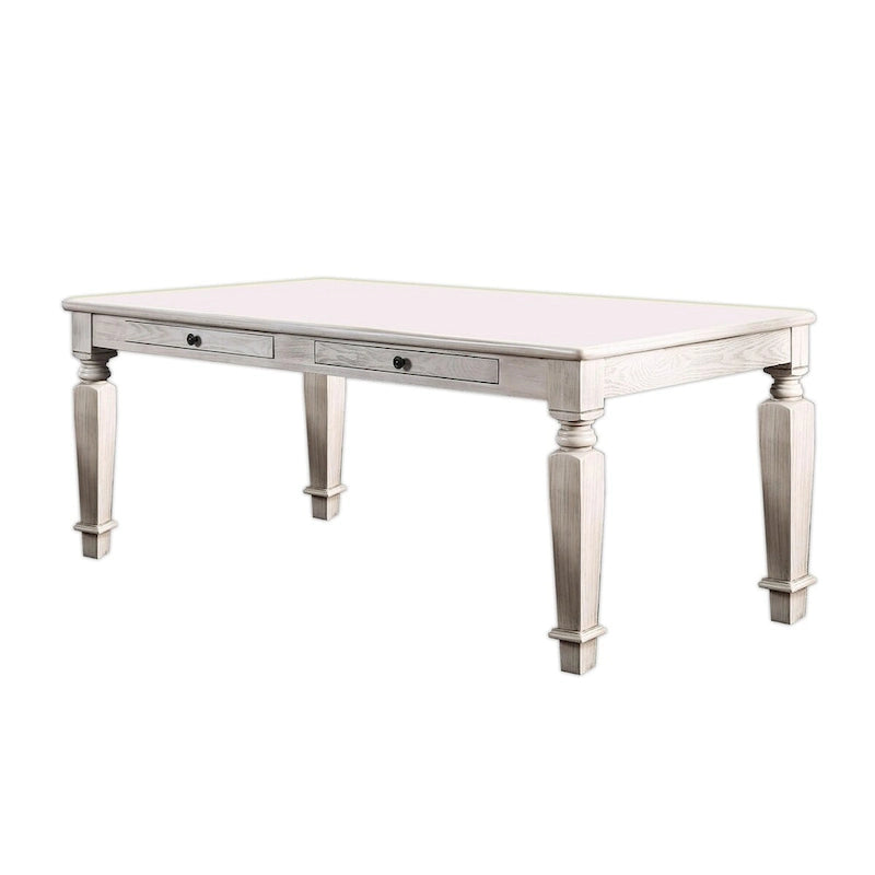 Wooden Dining Table with 2 Drawers and Tapered Legs, Distressed White