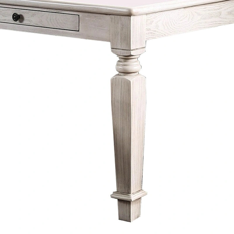Wooden Dining Table with 2 Drawers and Tapered Legs, Distressed White