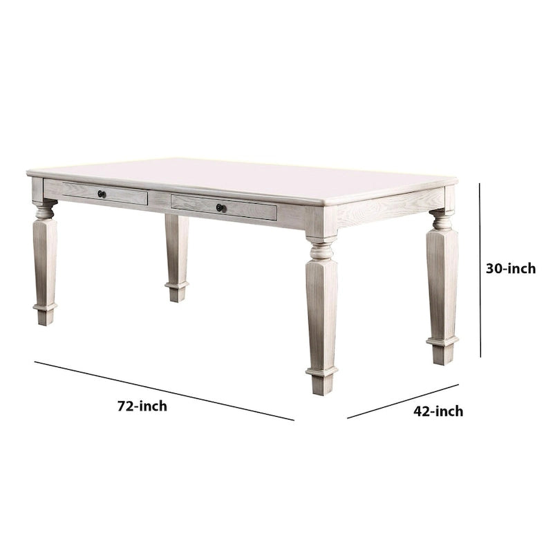 Wooden Dining Table with 2 Drawers and Tapered Legs, Distressed White
