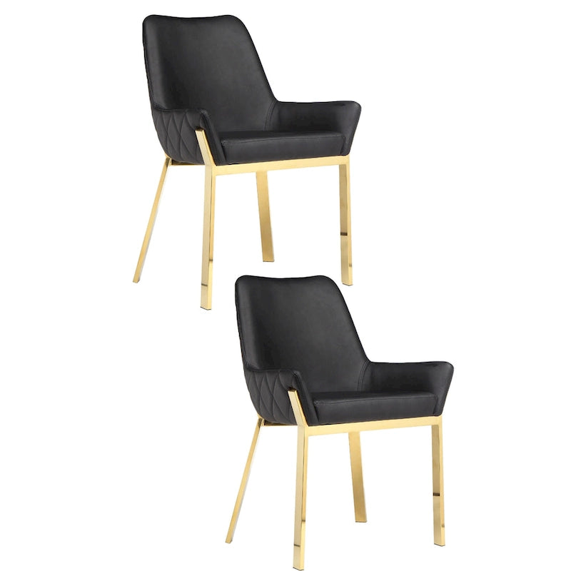 Fuma 23 Inch Dining Accent Chair Set of 2, Tufted, Black Faux Leather, Gold