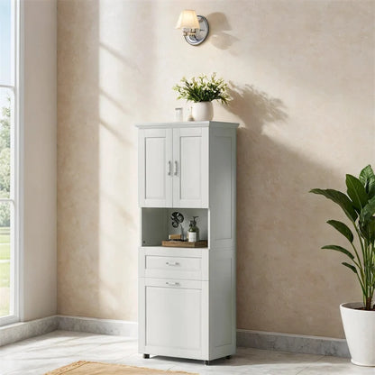 Tall Bathroom Cabinet with Laundry Basket,Large Storage Space