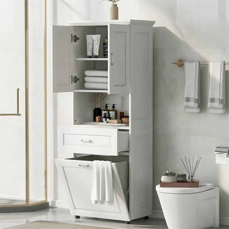 Tall Bathroom Cabinet with Laundry Basket,Large Storage Space