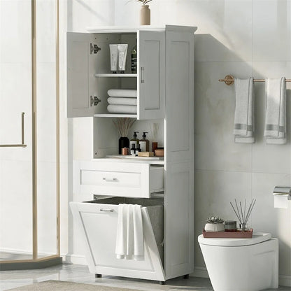 Tall Bathroom Cabinet with Laundry Basket,Large Storage Space