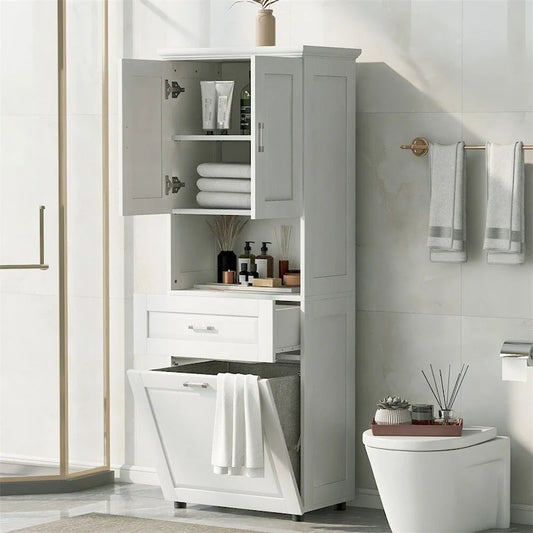 Tall Bathroom Cabinet with Laundry Basket,Large Storage Space