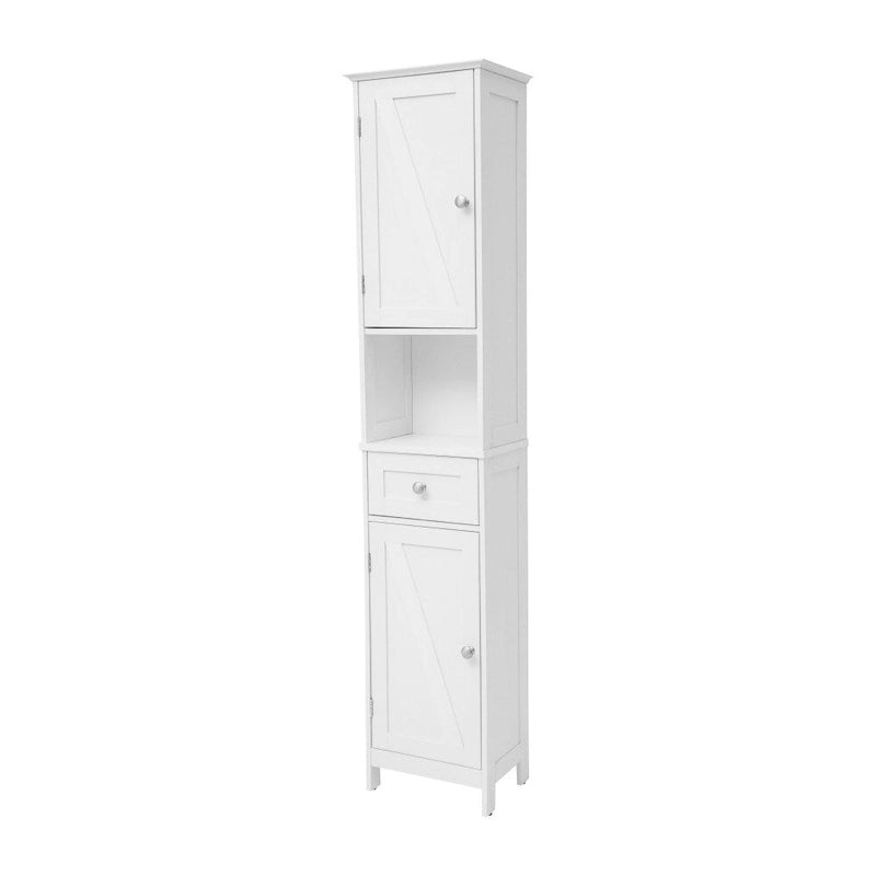 Farmhouse Freestanding Linen Tower with Shelves, Drawer, and Doors