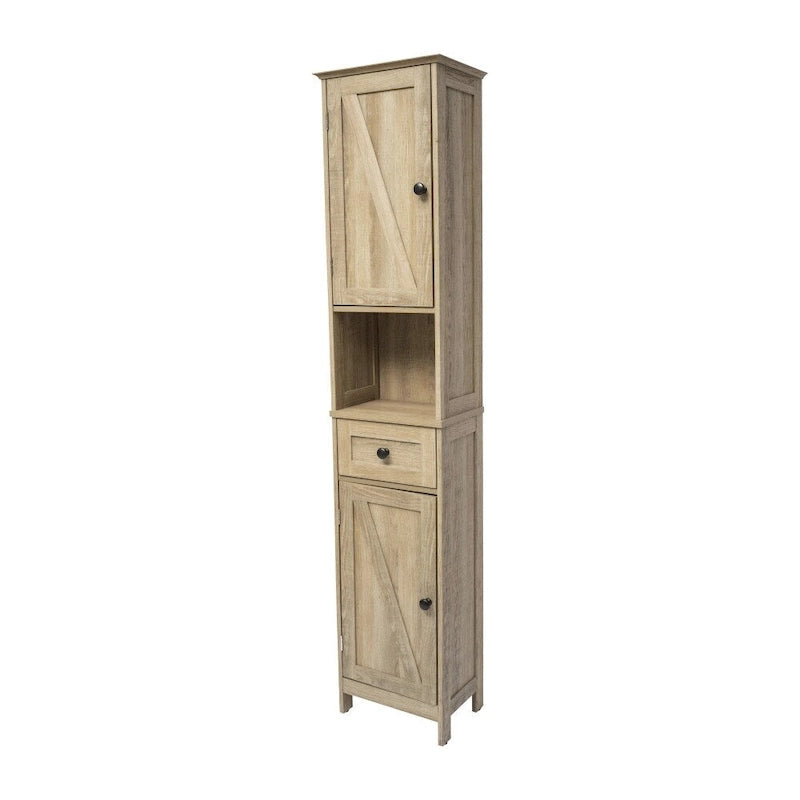 Farmhouse Freestanding Linen Tower with Shelves, Drawer, and Doors