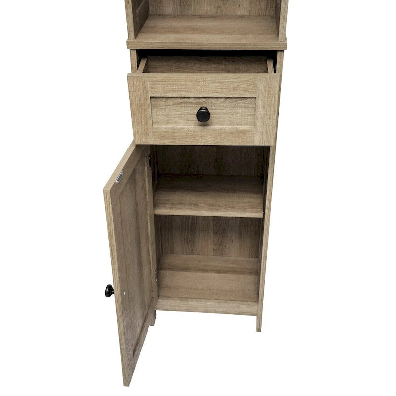 Farmhouse Freestanding Linen Tower with Shelves, Drawer, and Doors