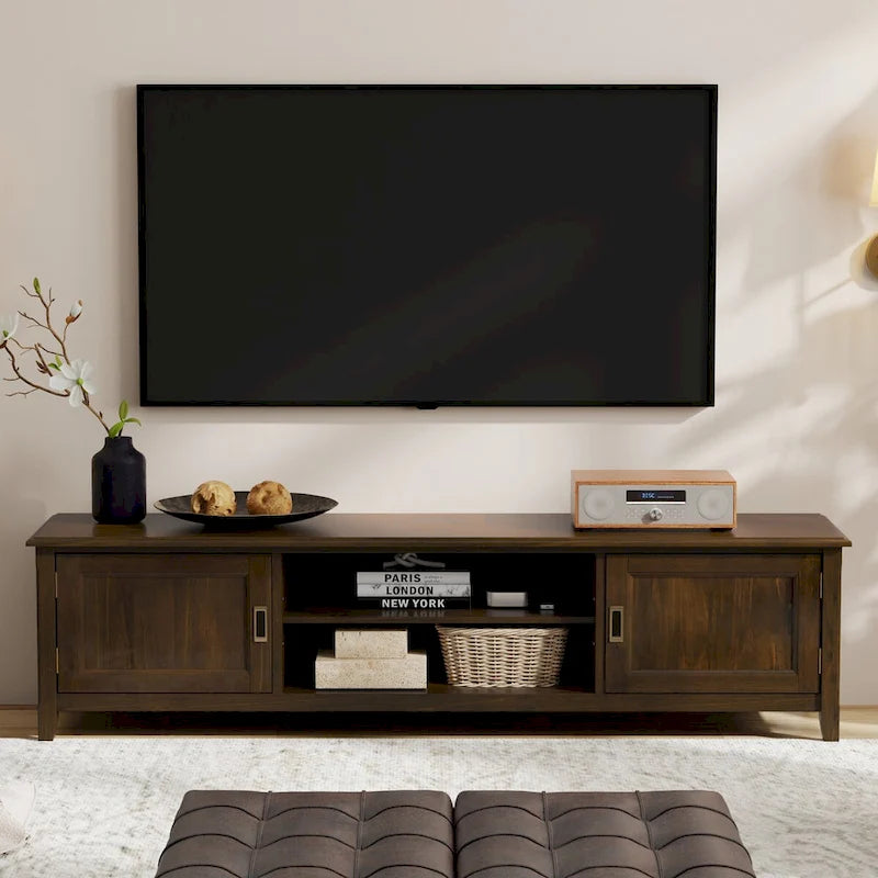 WYNDENHALL Portland SOLID WOOD 72 Wide Transitional TV Media Stand in Mahogany Brown For TVs up to 80 - 17 D x 72 W x 20 H