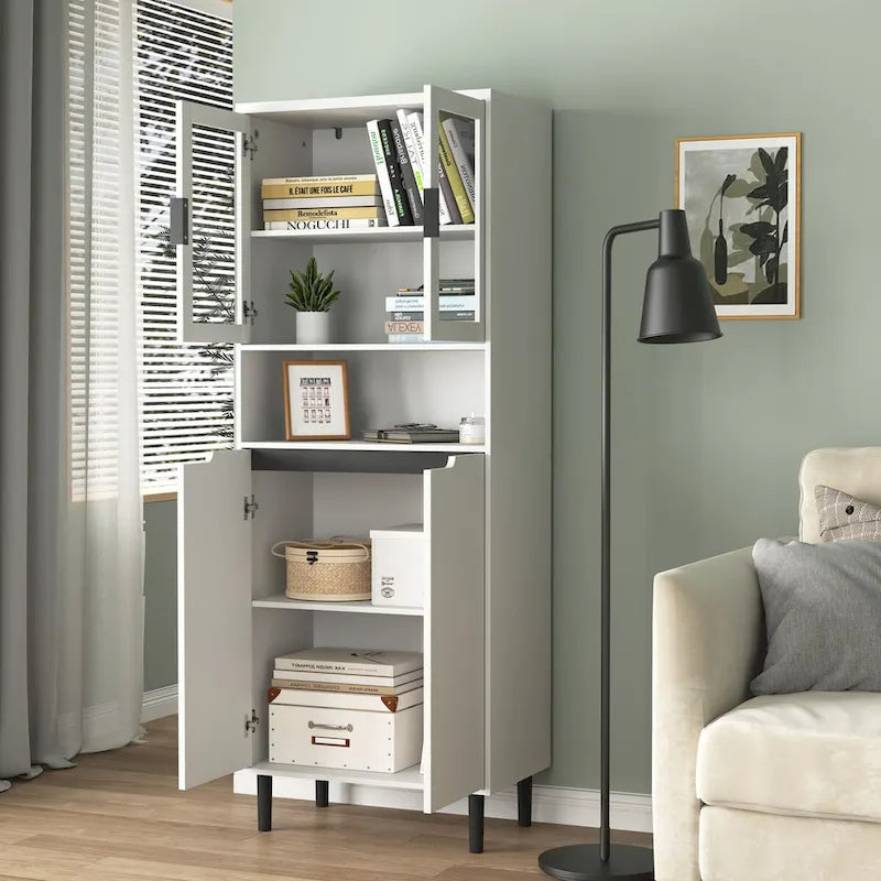 Tall Storage Show Cabinet with 2 Glass Display Door & 2 Doors