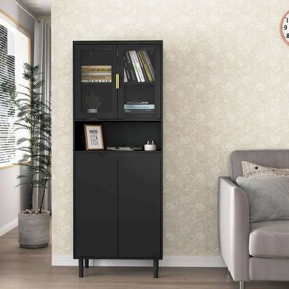 Tall Storage Show Cabinet with 2 Glass Display Door & 2 Doors