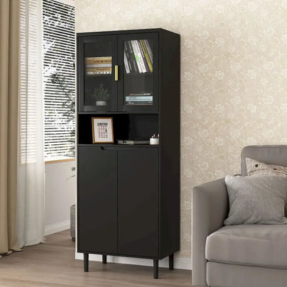 Tall Storage Show Cabinet with 2 Glass Display Door & 2 Doors