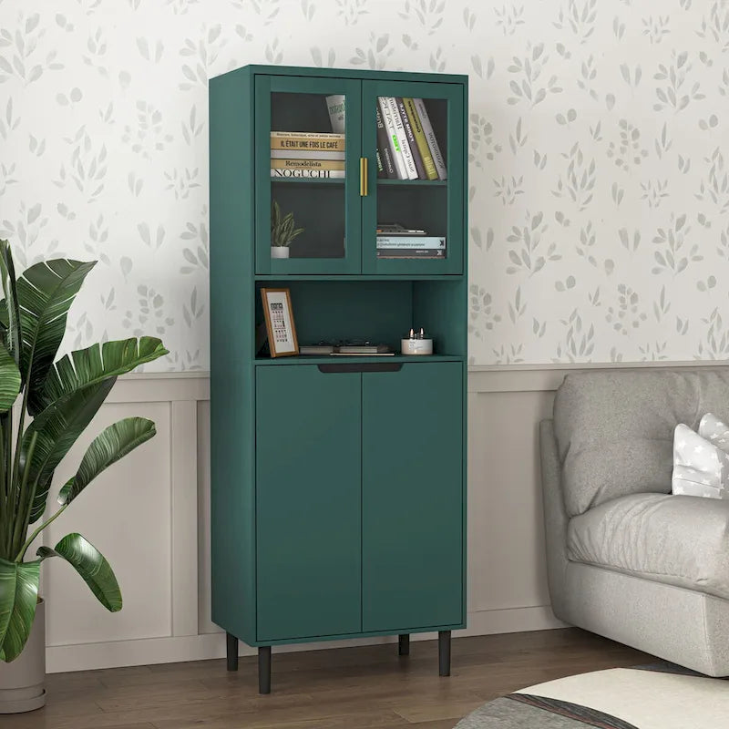 Tall Storage Show Cabinet with 2 Glass Display Door & 2 Doors
