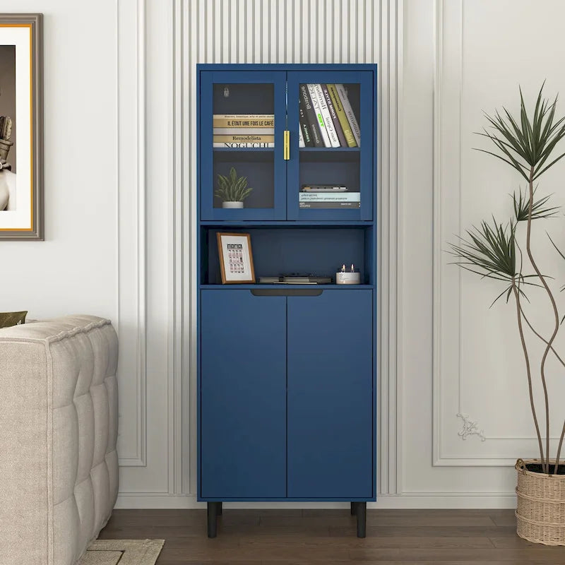Tall Storage Show Cabinet with 2 Glass Display Door & 2 Doors