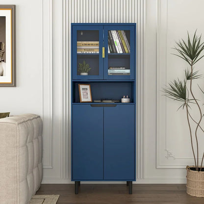 Tall Storage Show Cabinet with 2 Glass Display Door & 2 Doors