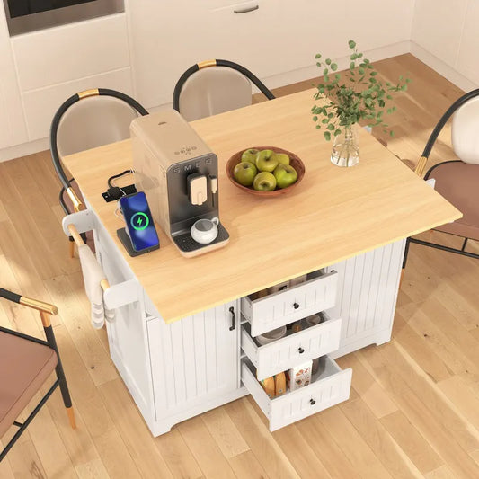 55.7Kitchen Island,2 Drop Leaf,Rolling Kitchen Cart on 5 Wheels,Power Outlet,Folding Dining Table,Spice & Towel Rack,3 Drawers