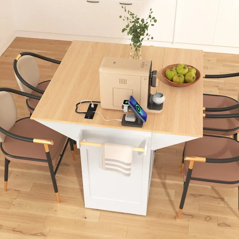 55.7Kitchen Island,2 Drop Leaf,Rolling Kitchen Cart on 5 Wheels,Power Outlet,Folding Dining Table,Spice & Towel Rack,3 Drawers