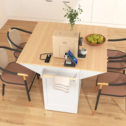 55.7Kitchen Island,2 Drop Leaf,Rolling Kitchen Cart on 5 Wheels,Power Outlet,Folding Dining Table,Spice & Towel Rack,3 Drawers