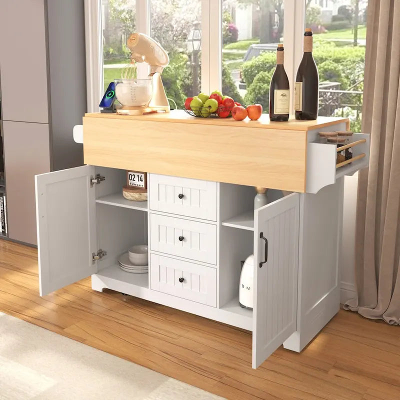 55.7Kitchen Island,2 Drop Leaf,Rolling Kitchen Cart on 5 Wheels,Power Outlet,Folding Dining Table,Spice & Towel Rack,3 Drawers