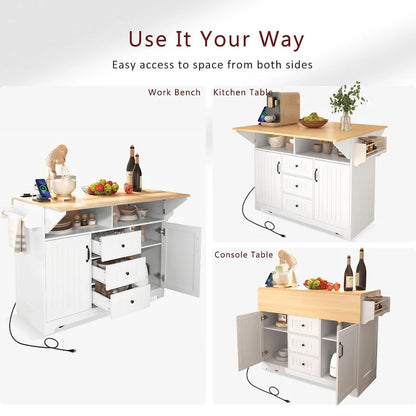 55.7Kitchen Island,2 Drop Leaf,Rolling Kitchen Cart on 5 Wheels,Power Outlet,Folding Dining Table,Spice & Towel Rack,3 Drawers