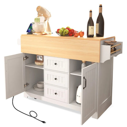 55.7Kitchen Island,2 Drop Leaf,Rolling Kitchen Cart on 5 Wheels,Power Outlet,Folding Dining Table,Spice & Towel Rack,3 Drawers