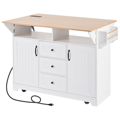 55.7Kitchen Island,2 Drop Leaf,Rolling Kitchen Cart on 5 Wheels,Power Outlet,Folding Dining Table,Spice & Towel Rack,3 Drawers