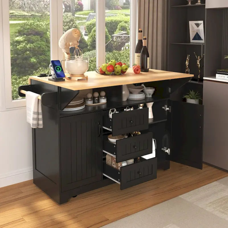 55.7Kitchen Island,2 Drop Leaf,Rolling Kitchen Cart on 5 Wheels,Power Outlet,Folding Dining Table,Spice & Towel Rack,3 Drawers