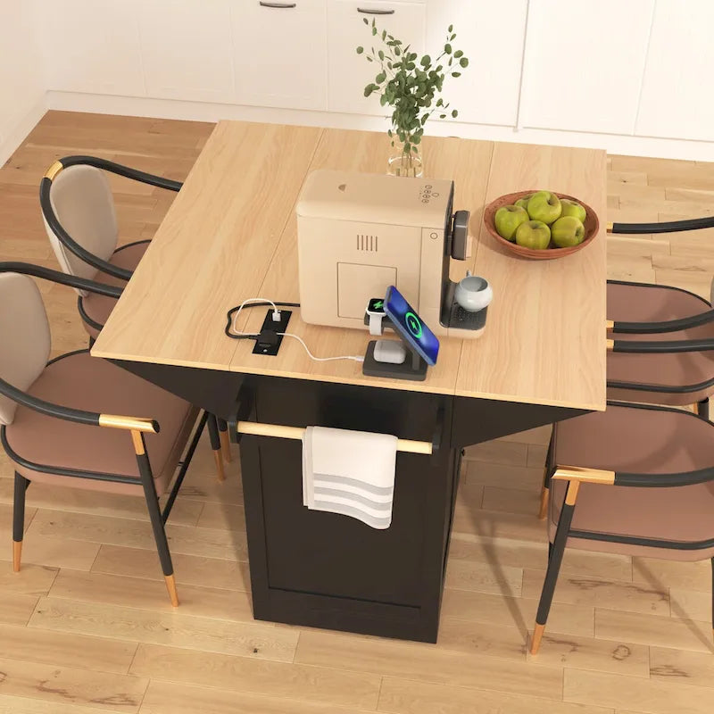 55.7Kitchen Island,2 Drop Leaf,Rolling Kitchen Cart on 5 Wheels,Power Outlet,Folding Dining Table,Spice & Towel Rack,3 Drawers