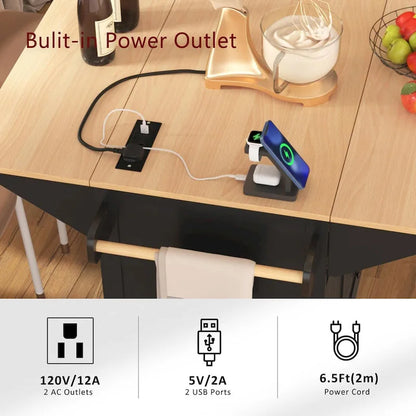 55.7Kitchen Island,2 Drop Leaf,Rolling Kitchen Cart on 5 Wheels,Power Outlet,Folding Dining Table,Spice & Towel Rack,3 Drawers