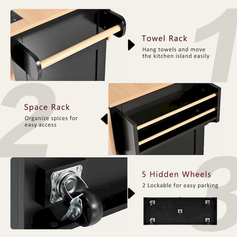 55.7Kitchen Island,2 Drop Leaf,Rolling Kitchen Cart on 5 Wheels,Power Outlet,Folding Dining Table,Spice & Towel Rack,3 Drawers