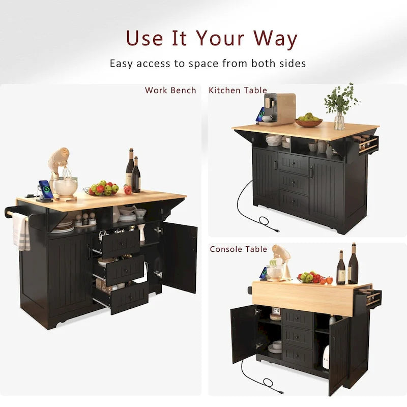 55.7Kitchen Island,2 Drop Leaf,Rolling Kitchen Cart on 5 Wheels,Power Outlet,Folding Dining Table,Spice & Towel Rack,3 Drawers