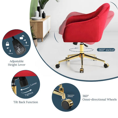 Farrah Velvet Tufted Adjustable Height Swivel Office Vanity Chair with Gold Base