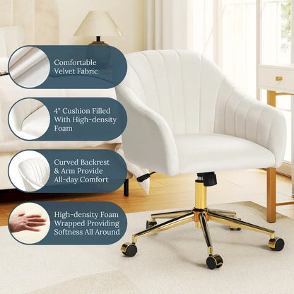 Farrah Velvet Tufted Adjustable Height Swivel Office Vanity Chair with Gold Base