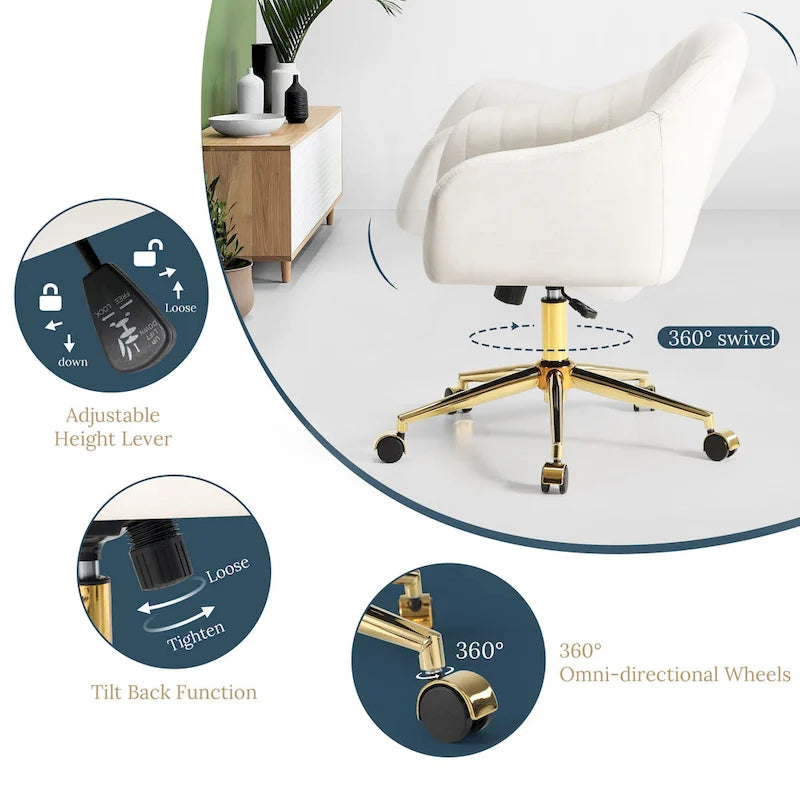Farrah Velvet Tufted Adjustable Height Swivel Office Vanity Chair with Gold Base