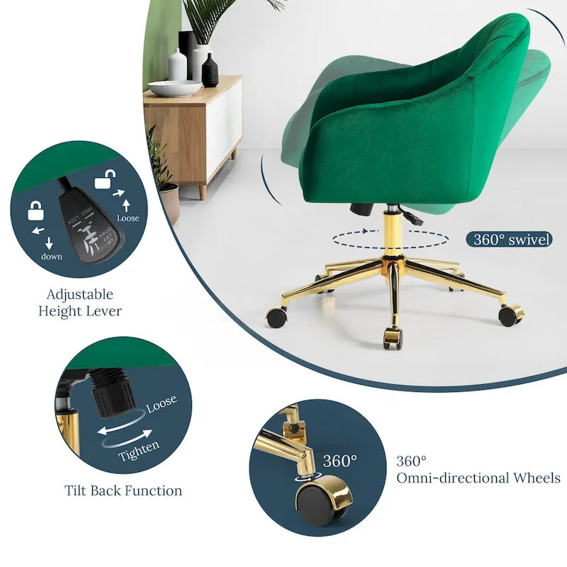 Farrah Velvet Tufted Adjustable Height Swivel Office Vanity Chair with Gold Base