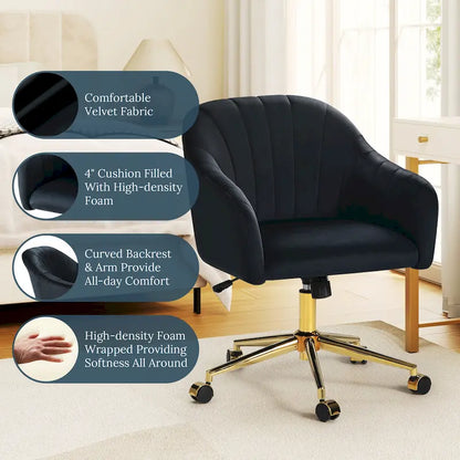 Farrah Velvet Tufted Adjustable Height Swivel Office Vanity Chair with Gold Base