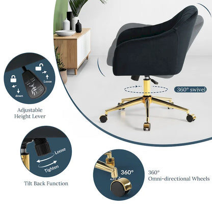 Farrah Velvet Tufted Adjustable Height Swivel Office Vanity Chair with Gold Base