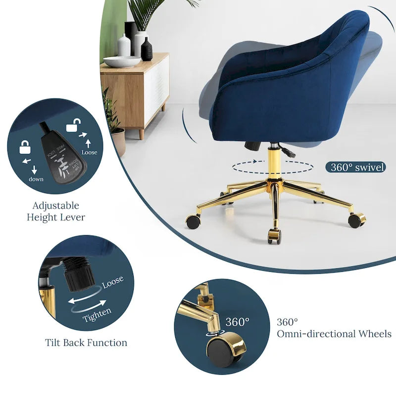 Farrah Velvet Tufted Adjustable Height Swivel Office Vanity Chair with Gold Base