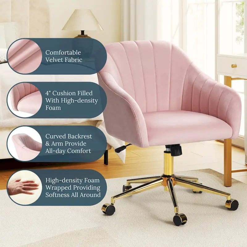 Farrah Velvet Tufted Adjustable Height Swivel Office Vanity Chair with Gold Base